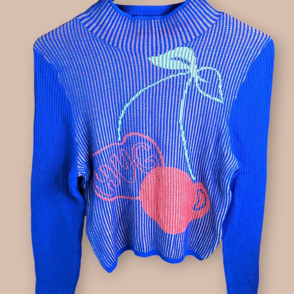 BDG Urban Outfitters Cherry Graphic Polo Sweater Women’s Medium Blue Cropped